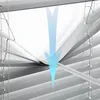 A close-up view of silver-colored blinds with a blue arrow indicating downward movement. Produktbild-Vorschau