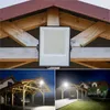 A collage of images showing a LUMILED LED floodlight. The top image shows the floodlight mounted on wooden beams under a roof. The bottom left image shows the floodlight illuminating a carport with a car at night. The bottom right image shows the floodligh Produktbild-Vorschau