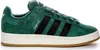 A side view of a green Adidas Campus sneaker with black stripes and a white sole. Produktbild-Vorschau