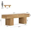 A diagram showing the dimensions of a wooden bench, with a silhouette of a person for scale. Voir les images du produit