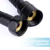 Close-up view of two black shower hose connectors with brass fittings, set against a white background. A light blue gradient overlay contains German text. Anteprima dell’immagine prodotto