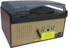 The back view of a vintage-style record player with various ports and labels. Produktbild-Vorschau