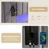 Close-up views of a bed frame's headboard, highlighting its integrated LED lighting, reading lamp, and USB charging ports. Produktbild-Vorschau