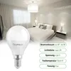 A bedroom scene with a bed, nightstands, and curtains, with a prominent LED bulb in the foreground and product specifications on the right. Produktbild-Vorschau