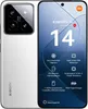 A white Xiaomi 14 smartphone is shown from the front and back, with marketing text and feature highlights on the screen. Podgląd zdjęcia produktu
