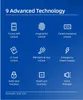 A blue background with icons and text describing advanced technology features. Produktbild-Vorschau