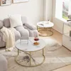 A living room scene with a sofa, coffee tables, and a rug. Voir les images du produit