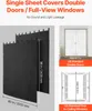 A marketing image showing a black sound blanket with dimensions and examples of its use on doors and windows. Voir les images du produit