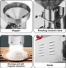 A collage of four close-up shots showing different parts of a grinding machine. Produktbild-Vorschau