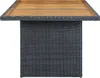 A square outdoor table with a wooden top and a dark gray wicker base. Náhled obrázku produktu