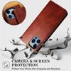 A brown leather phone case is shown in a dynamic scene, appearing to fall and break through concrete blocks. A close-up inset shows the camera area of the phone case. Produktbild-Vorschau