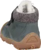 The back view of a green baby bootie with a brown sole and gray trim. Produktbild-Vorschau