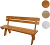 A wooden park bench shown against a white background, with three circular swatches of different wood finishes to the right. Produktbild-Vorschau
