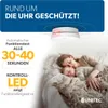 A smoke detector is shown above a sleeping mother and baby, with promotional text highlighting its features. Produktbild-Vorschau