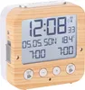 A digital alarm clock with a wood-grain finish and a white frame, displaying time, date, and temperature. Produktbild-Vorschau