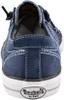 The back view of a navy blue Dockers sneaker with white stitching and a white sole. Voir les images du produit
