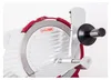 Close-up view of a red and silver meat slicer. Produktbild-Vorschau