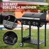 A gas grill is shown in a backyard setting with text overlays highlighting its features. Produktbild-Vorschau