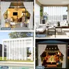 Collage of four outdoor scenes featuring white sheer curtains in different settings: a covered patio, a balcony, a poolside cabana, and a gazebo during a party. Produktbild-Vorschau