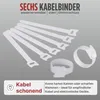 A collection of white cable ties and cable management accessories displayed on a light gray background. Produktbild-Vorschau