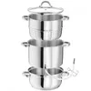 A multi-tiered stainless steel pot set, likely for steaming or juicing, is displayed against a white background. Produktbild-Vorschau