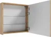 An open medicine cabinet with wooden frame and white door, showing three glass shelves inside. Produktbild-Vorschau