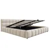 A beige upholstered bed with its storage mechanism open, revealing the slatted base and storage compartment. Anteprima dell’immagine prodotto
