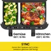 A dual-compartment air fryer with food in both compartments, showing different cooking settings. Produktbild-Vorschau