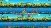 A collage of four screenshots from a video game, showing a colorful tropical environment with a river and various characters. Produktbild-Vorschau