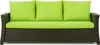 A front view of a three-seater sofa with lime green cushions and a dark brown woven base. Produktbild-Vorschau