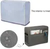 A collage of images showcasing a sewing machine cover, including a close-up of its water-repellent fabric and a view of its storage pockets. Produktbild-Vorschau
