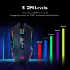 A gaming mouse with RGB lighting and a bar graph illustrating DPI levels. Produktbild-Vorschau