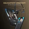 A Bluetooth headset is shown in front of two smartphones displaying music apps, with text overlay highlighting dual Bluetooth connectivity. Produktbild-Vorschau