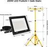 A 200W LED floodlight with a yellow tripod stand, shown with dimensions and cable length. Náhľad obrázku produktu