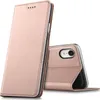 A rose gold flip case for an iPhone XR is shown against a white background. The case is partially open, revealing the phone's camera. Produktbild-Vorschau