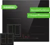 A black induction cooktop with green text overlays highlighting features. Produktbild-Vorschau