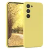 A yellow phone case is shown on a white background, with a phone displaying a nature scene inside the case. Produktbild-Vorschau