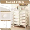 Collage showcasing a white rolling storage cart with multiple drawers, highlighting features like handles, knobs, and the metal frame. Produktbild-Vorschau