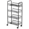 A black metal rolling cart with four mesh shelves and hooks on the side, shown against a white background. Náhled obrázku produktu