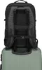 A black backpack is attached to the handle of a green suitcase. Voir les images du produit