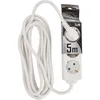 A white power strip with a coiled white extension cord and its packaging. Produktbild-Vorschau
