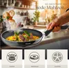 A hand is holding a frying pan with food being cooked in it, with icons and text below. Náhled obrázku produktu