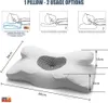 Diagrams showing correct and incorrect pillow usage, alongside a product image with dimensions. Produktbild-Vorschau