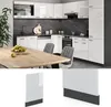 A modern kitchen with white high-gloss cabinets and a dark marble backsplash, featuring a wooden dining table in the foreground. Náhled obrázku produktu
