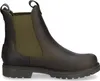 A single brown Chelsea boot with green elastic side panels and faux fur lining, shown from the side against a white background. Produktbild-Vorschau