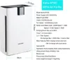 A white air purifier with a black top, shown with dimensions and a text box detailing its specifications. Produktbild-Vorschau