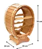 A wooden wine rack shaped like a barrel, standing on a wooden base, with dimensions indicated. Náhled obrázku produktu