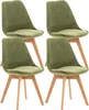 Four green dining chairs with wooden legs are arranged in a two-by-two grid against a white background.