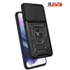 A black phone case with a ring stand and camera cover is shown on a white background. Produktbild-Vorschau