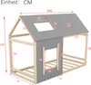 A diagram of a children's house bed with dimensions indicated by red lines and numbers. Podgląd zdjęcia produktu